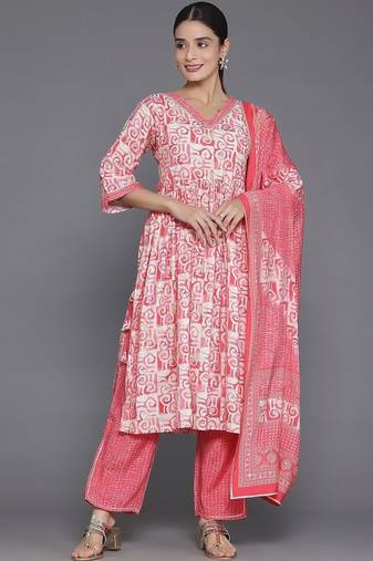 women printed empire kurta with trousers & with dupatta
