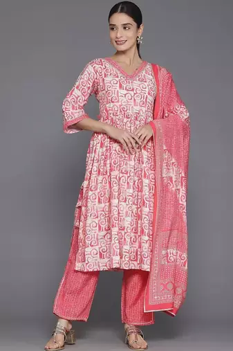 women printed empire kurta with trousers & with dupatta