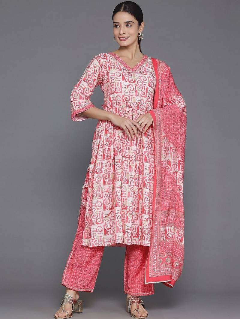 women printed empire kurta with trousers & with dupatta