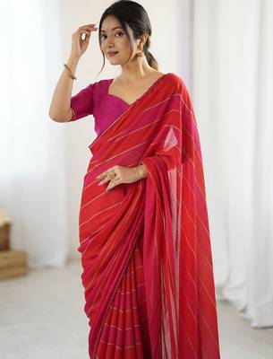 Red striped  georgette zari saree with blouse piece 1
