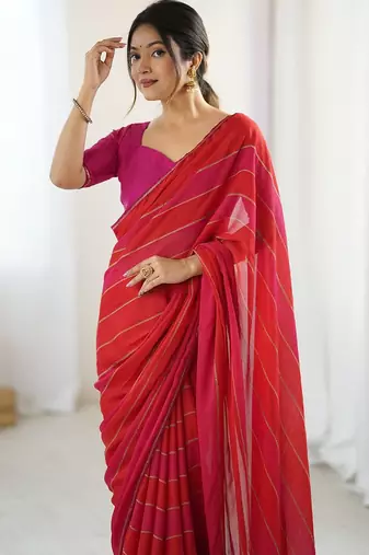 Red striped  georgette zari saree with blouse piece