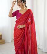 Red striped  georgette zari saree with blouse piece