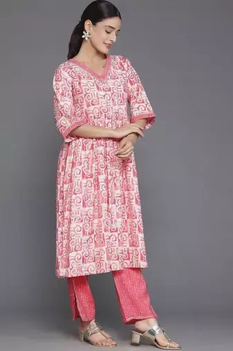 women printed empire kurta with trousers & with dupatta