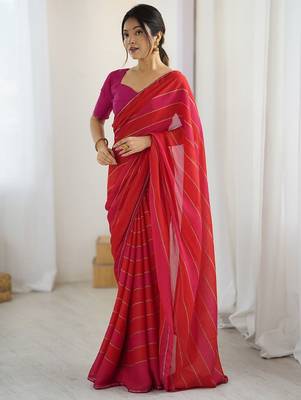 Red striped  georgette zari saree with blouse piece 2