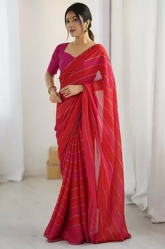 Red striped  georgette zari saree with blouse piece