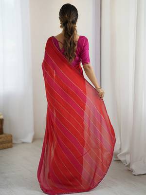 Red striped  georgette zari saree with blouse piece 3
