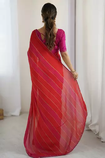 Red striped  georgette zari saree with blouse piece