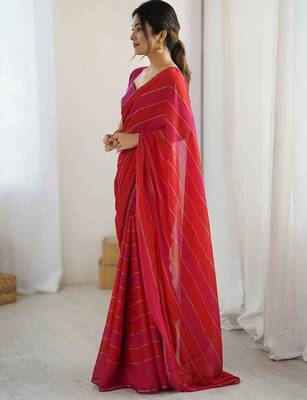 Red striped  georgette zari saree with blouse piece 4