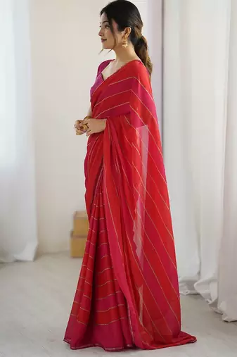 Red striped  georgette zari saree with blouse piece