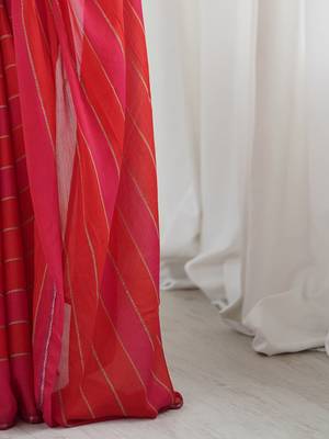 Red striped  georgette zari saree with blouse piece 5