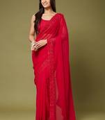 Red women embellished sequinned poly georgette designer saree