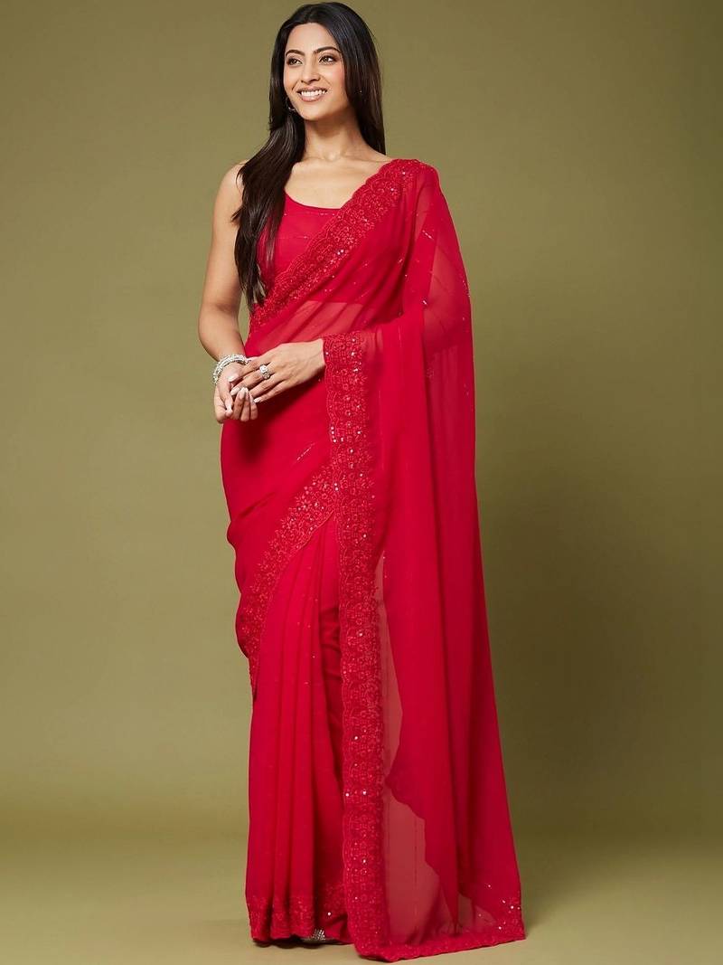 Red women embellished sequinned poly georgette designer saree