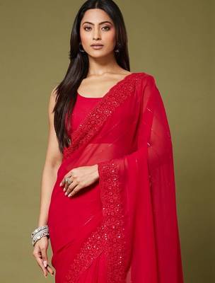 Red women embellished sequinned poly georgette designer saree 4