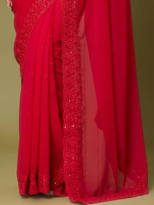 Red women embellished sequinned poly georgette designer saree 5