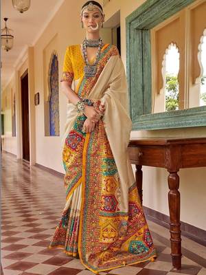 Cream bandhani embroidered silk blend designer saree 1