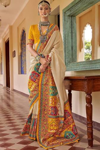 Cream bandhani embroidered silk blend designer saree
