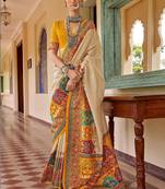 Cream bandhani embroidered silk blend designer saree