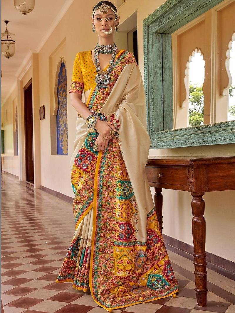 Cream bandhani embroidered silk blend designer saree