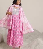 women ethnic motifs printed panelled thread work kurta with churidar & with dupatta