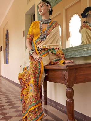 Cream bandhani embroidered silk blend designer saree 2