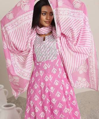 women ethnic motifs printed panelled thread work kurta with churidar & with dupatta 6
