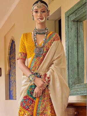 Cream bandhani embroidered silk blend designer saree 4