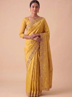 Yellow woven design beads and stones silk blend banarasi saree 1