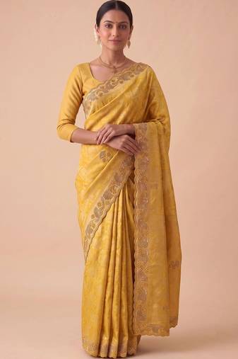 Yellow woven design beads and stones silk blend banarasi saree