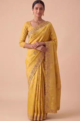 Yellow woven design beads and stones silk blend banarasi saree
