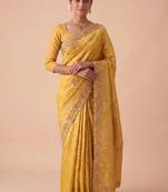 Yellow woven design beads and stones silk blend banarasi saree