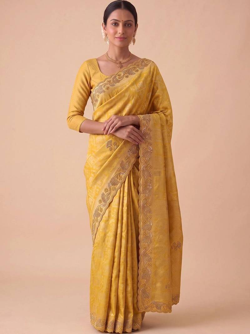 Yellow woven design beads and stones silk blend banarasi saree