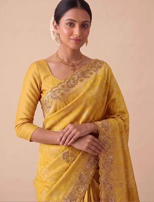 Yellow woven design beads and stones silk blend banarasi saree 2