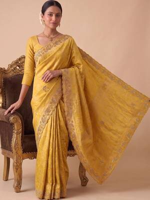 Yellow woven design beads and stones silk blend banarasi saree 3