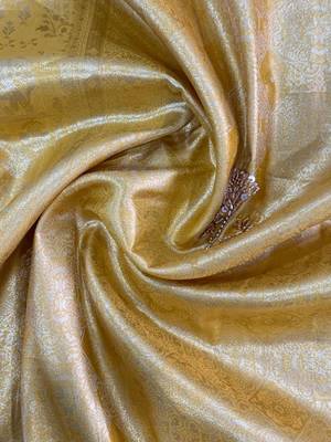Yellow woven design beads and stones silk blend banarasi saree 4