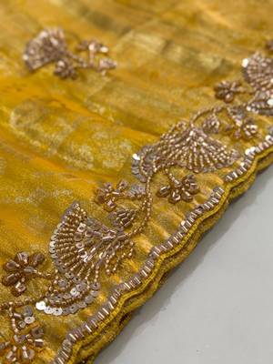 Yellow woven design beads and stones silk blend banarasi saree 5