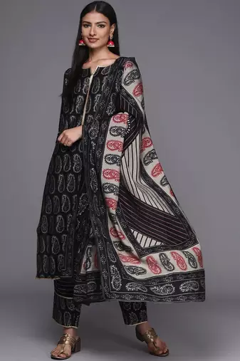 women ethnic motifs printed regular kurta with trousers & with dupatta