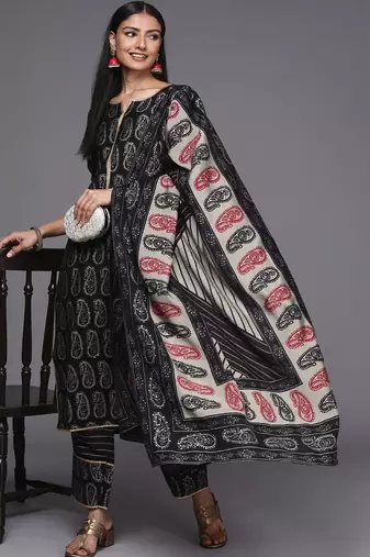 women ethnic motifs printed regular kurta with trousers & with dupatta
