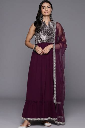 women ethnic motifs embroidered empire thread work kurta with trousers & with dupatta