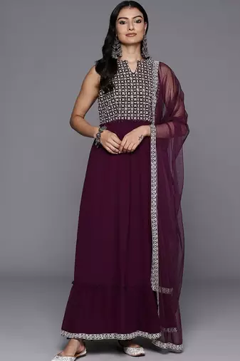 women ethnic motifs embroidered empire thread work kurta with trousers & with dupatta