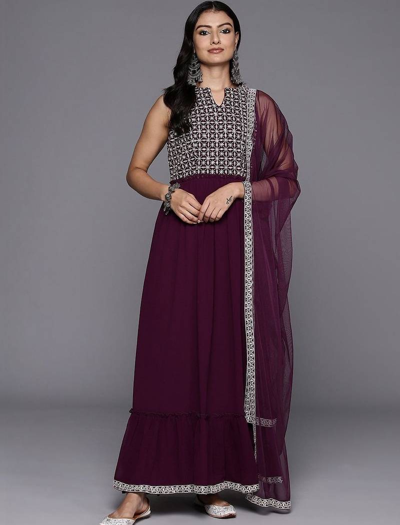 women ethnic motifs embroidered empire thread work kurta with trousers & with dupatta