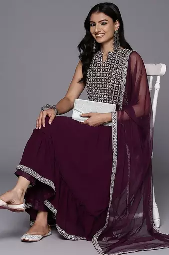 women ethnic motifs embroidered empire thread work kurta with trousers & with dupatta