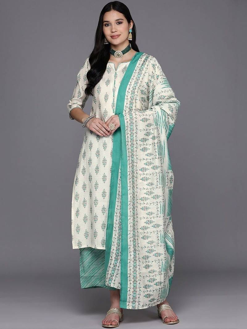 women ethnic motifs printed regular kurta with palazzos & with dupatta