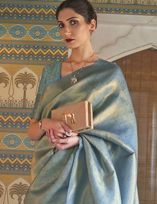 Turquoise ethnic motifs woven design zari kanjeevaram saree 1