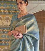 Turquoise ethnic motifs woven design zari kanjeevaram saree