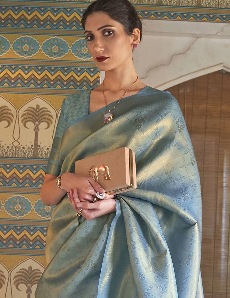 Turquoise ethnic motifs woven design zari kanjeevaram saree