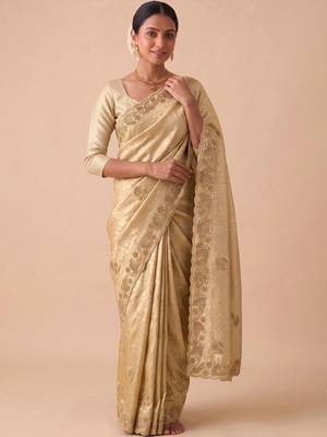 Gold woven design beads and stones silk blend banarasi saree 1