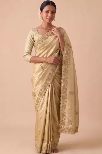 Gold woven design beads and stones silk blend banarasi saree