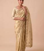 Gold woven design beads and stones silk blend banarasi saree