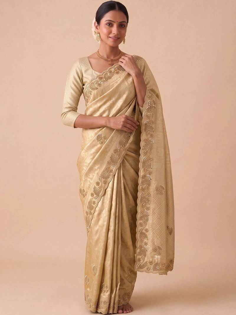 Gold woven design beads and stones silk blend banarasi saree