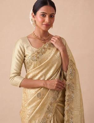Gold woven design beads and stones silk blend banarasi saree 2